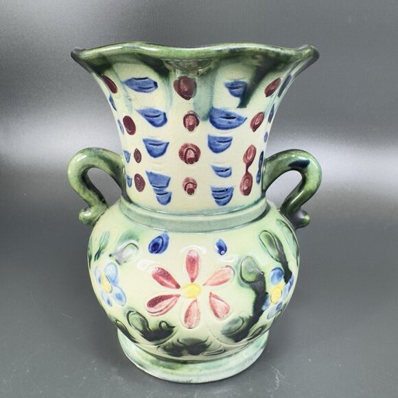 Vintage Japanese Ceramic Vase With Handles Vessel With Majolica Floral Pattern - Picture 14 of 16